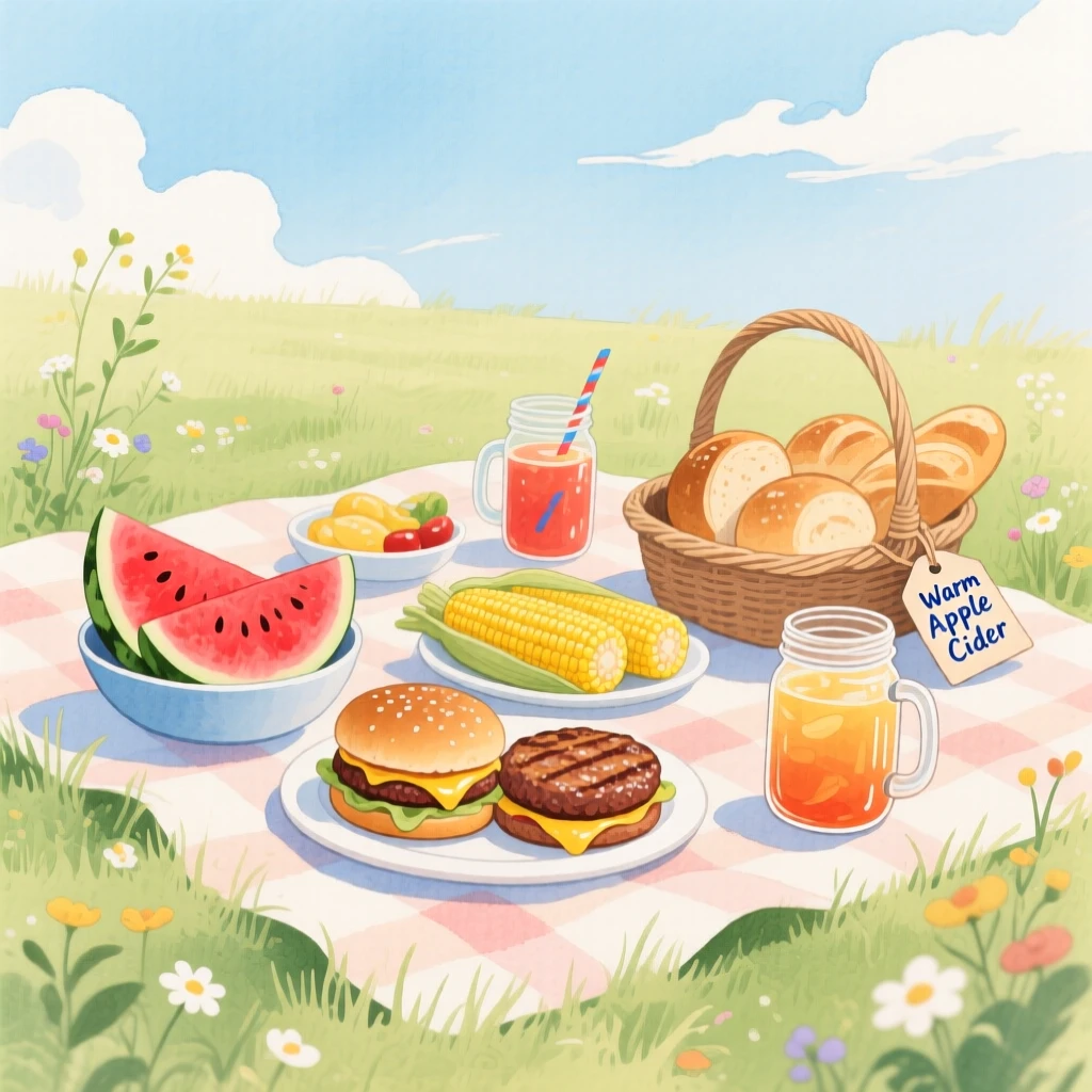 A joyful scene of a summer Fourth of July picnic, filled with festive food and warm drinks, capturing the warmth of the celebration