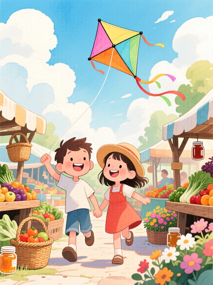 A pair of best friends, a boy and a girl flying a kite that dances against fluffy clouds, in a farmers' market bustling with color, evoking a warm sense of nostalgia.