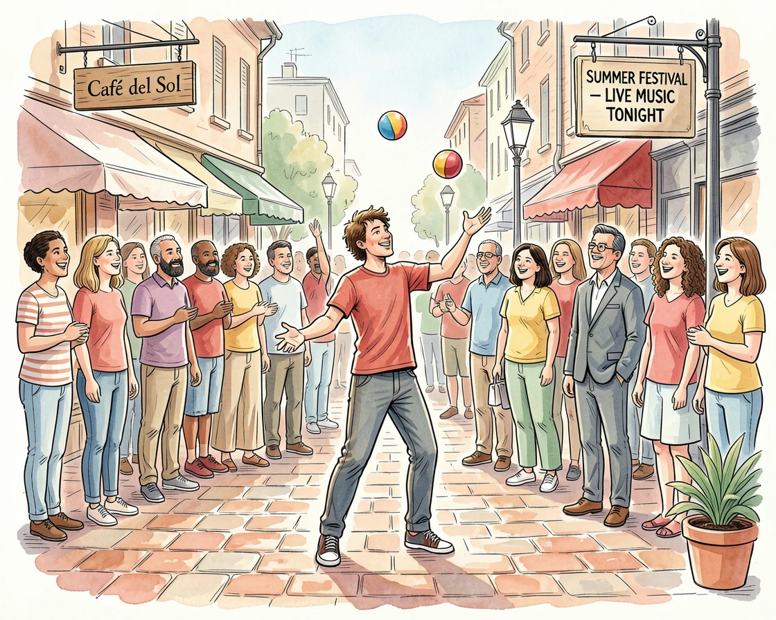 A street performer juggling for a delighted crowd in a busy plaza, gentle expressions capturing a fleeting, genuine moment.
