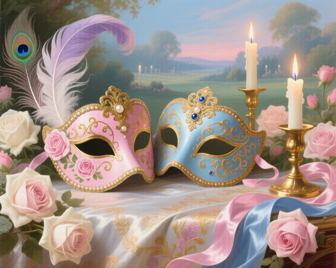 A pair of ornate masks surrounded by feathers, roses, and candlelight  
