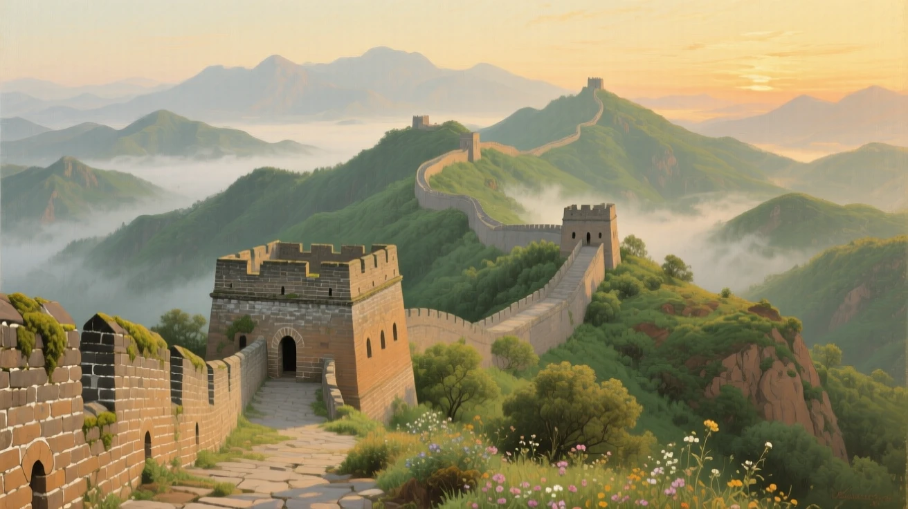 The Great Wall of China winding across misty green mountain ridges, as soft golden hour light bathes every surface and structure, designed to transport the viewer directly into the scene