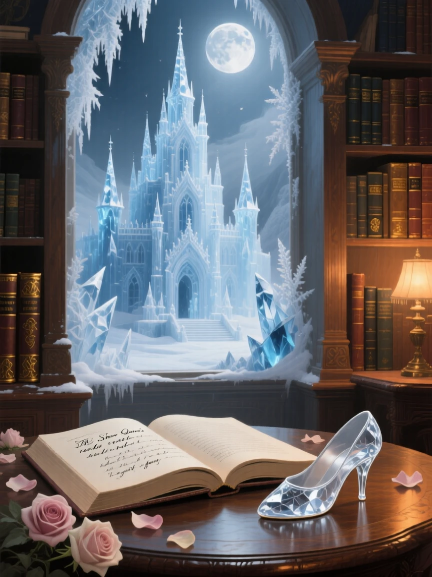 The Snow Queen's palace glittering with ice beneath a pale moon as if pulled directly from a cherished tale, set within a cozy library filled with worn, beloved books, with scattered rose petals, an open storybook, and a forgotten glass slipper; the composition frames the central figure like a page brought to life, filled with romance, imagination, and quiet drama.