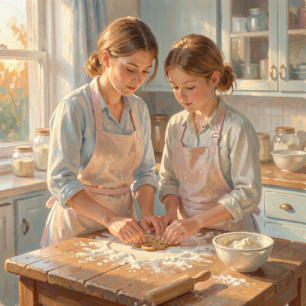 A quiet evening of a mother and daughter baking cookies together, flour dusting the counter and their aprons, capturing a moment of quiet intimacy.