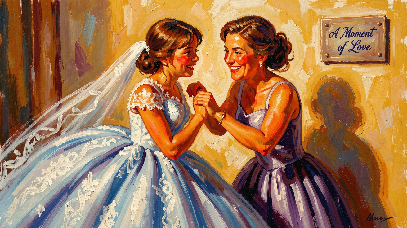 A daughter helping her mother into a wedding dress, both glowing with happiness.
