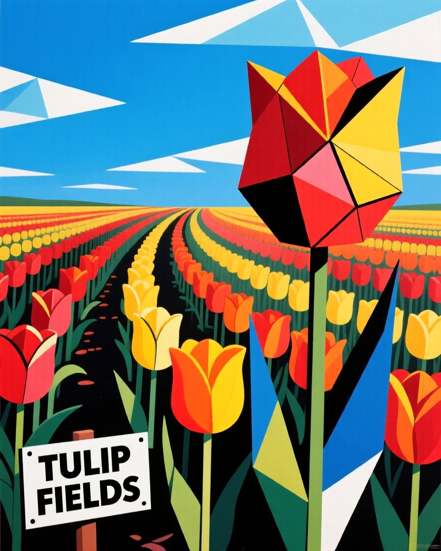 A vibrant tulip field arranged in colorful rows beneath a clear blue sky.