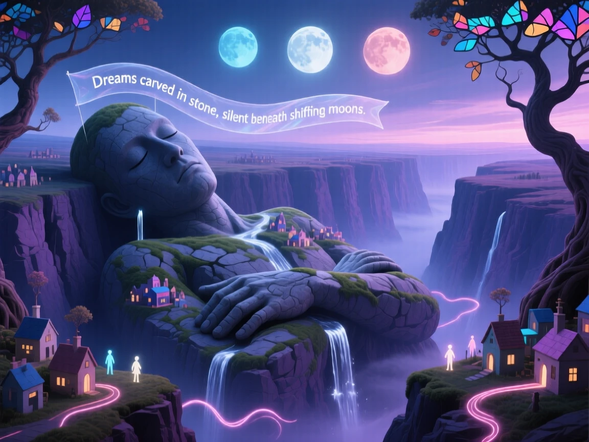 A canyon carved into the shape of a giant sleeping figure lies silent under the pale glow of three distant moons, as soft light pools in every hollow and crevice.
