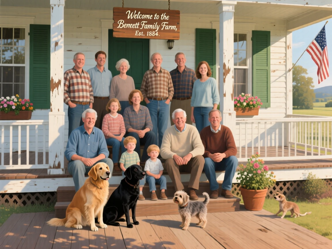 A large family poses together for a portrait on a farmhouse porch, dogs and children scattered among the smiling adults, soft ambient light gently shaping the contours of their face and surroundings.