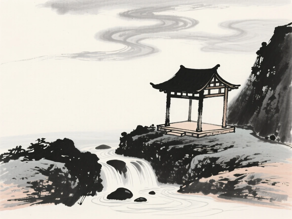 A small mountain shrine stands beside a trickling spring, beneath a sky filled with drifting clouds.
