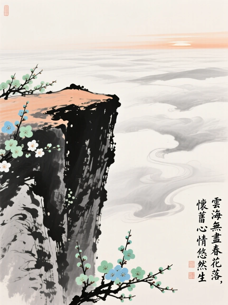 A cliffside overlook facing an endless sea of clouds, as spring blossoms unfold, carrying a mood of wistful nostalgia.