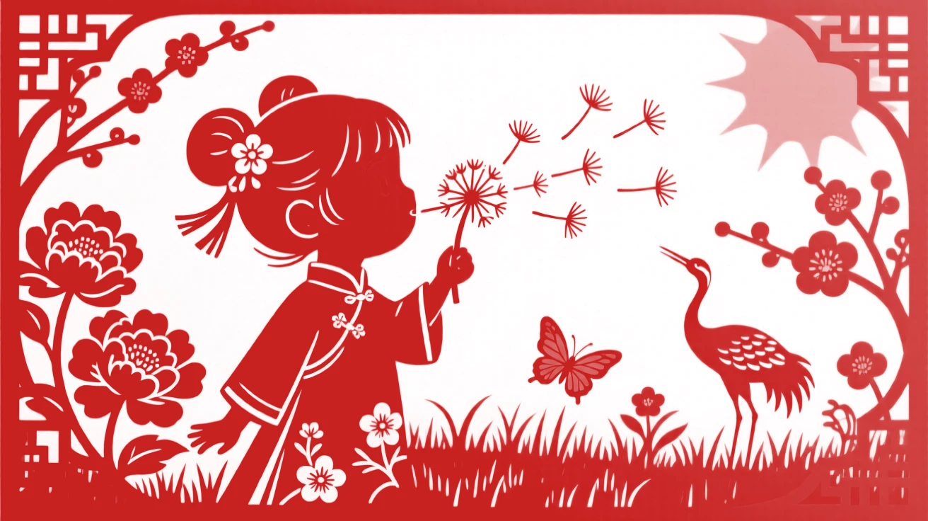 A little girl blowing dandelion seeds into the wind, seeds drifting across a sunlit meadow
