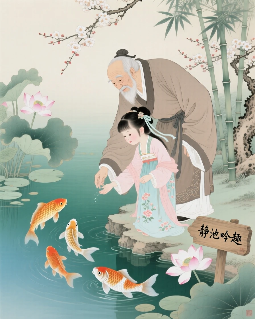A grandfather and granddaughter feeding fish together at a garden pond, beside a quiet garden pond