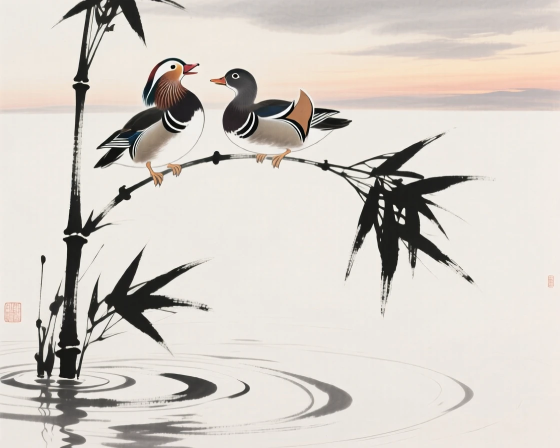A mandarin duck pair calling out from atop a tall bamboo stalk over rippling water at dusk, framed against a wide expanse of open sky, evoking grace, freedom, and quiet elegance.