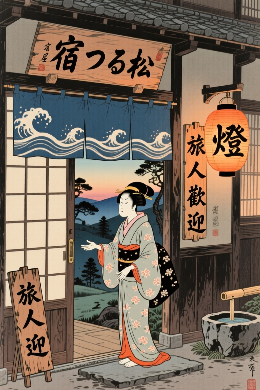 A puppeteer welcoming weary travelers at a lantern-lit door.