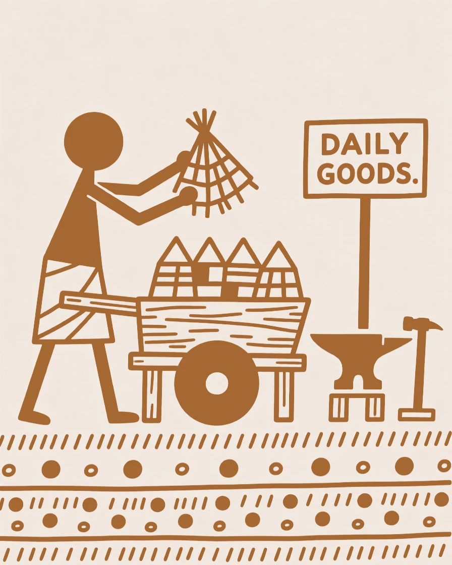 A blacksmith loading a cart with the day's goods.