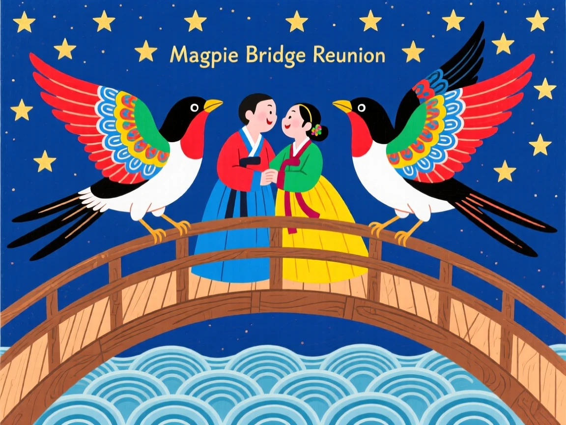 Two lovers reunited on a bridge of magpies beneath a starlit sky.