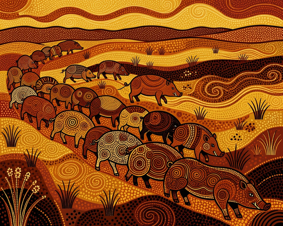 A herd of wild boars migrating across the plains