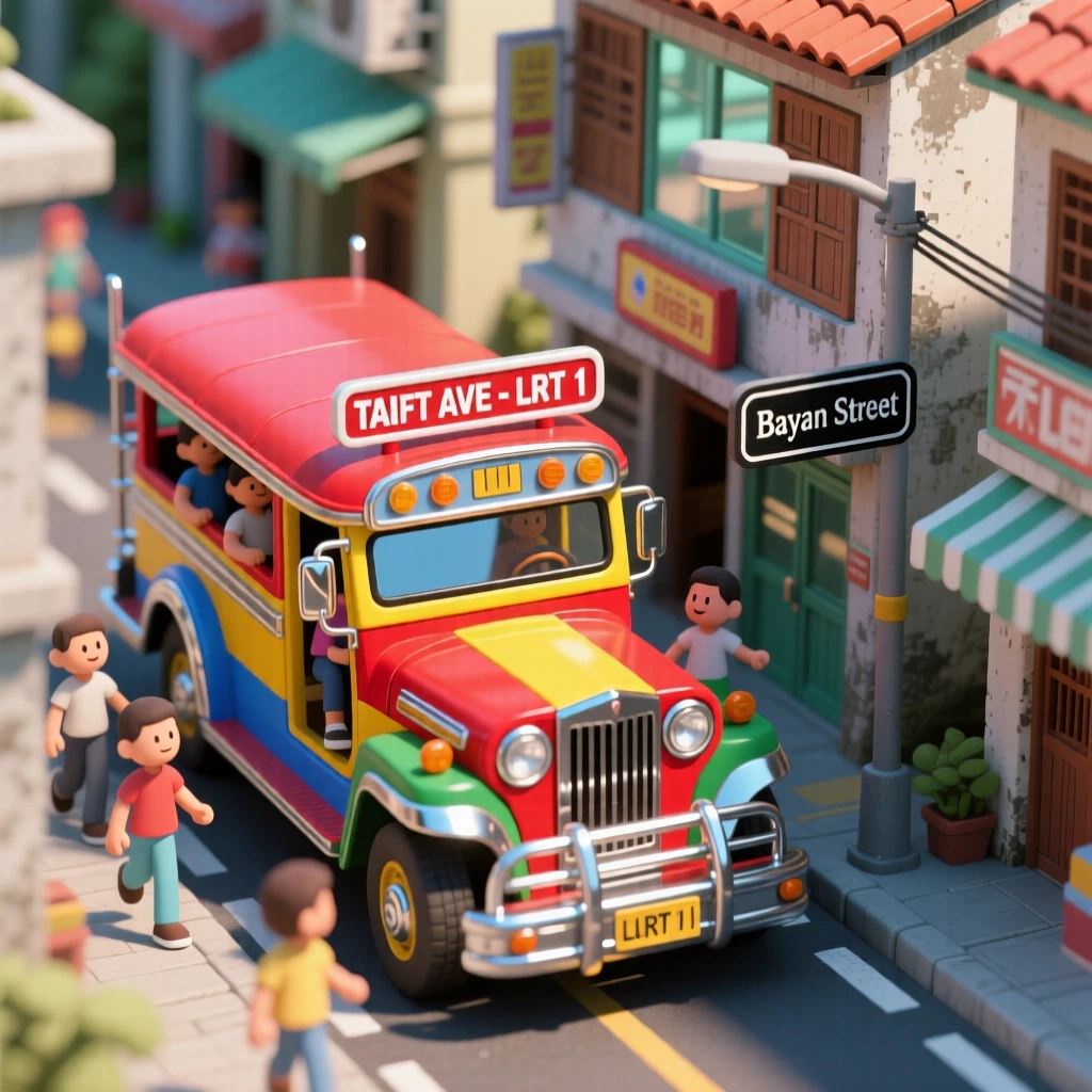 A colorful jeepney weaving through a busy city street, decorated with chrome details and vibrant paintwork, passengers hopping on and off.