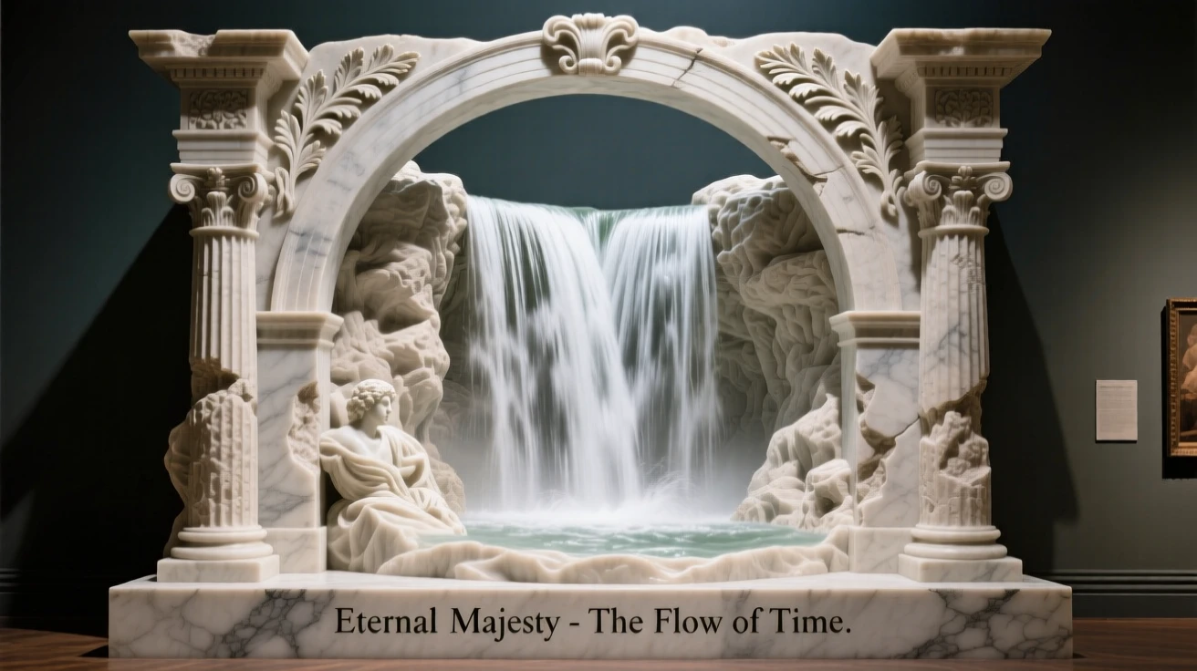 A striking, atmospheric depiction of a majestic waterfall framed by an ancient stone archway, showcasing timeless elegance and grandeur