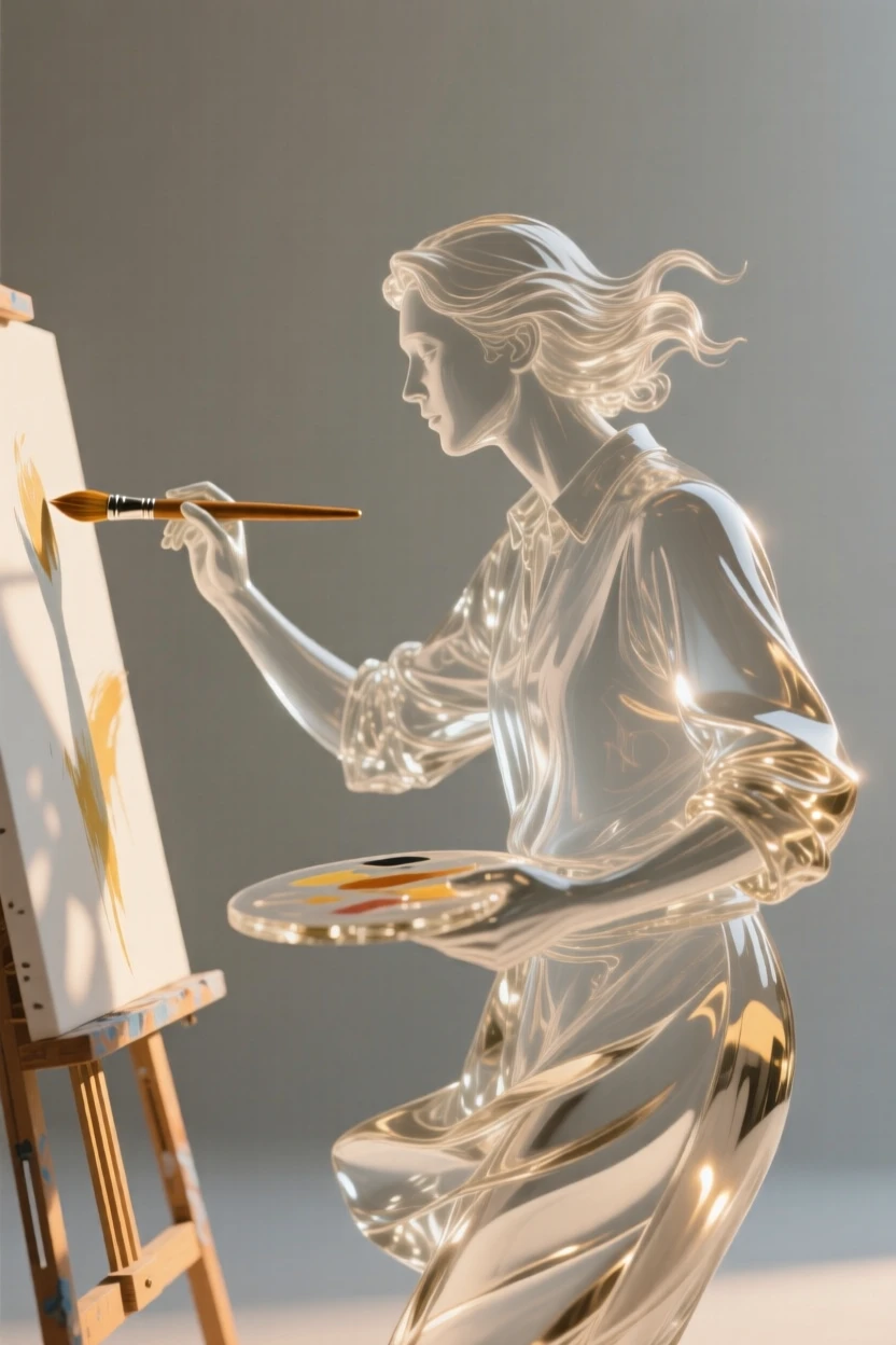 An artist mid-brushstroke, focused and inspired captured in a candid, unposed moment, golden hour light wrapping around the figure, feeling authentic and moving.