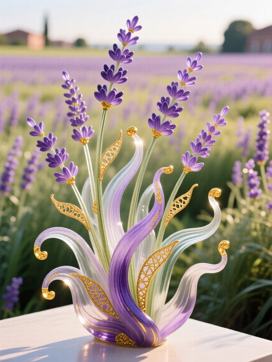 A field of lavender swaying gently under a warm summer breeze, calming and fragrant.