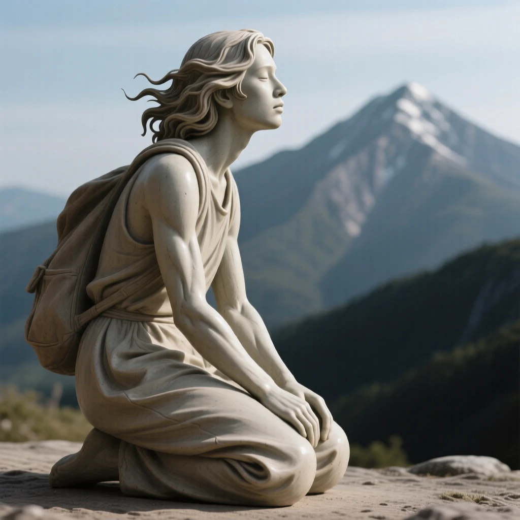 A traveler pausing to admire a distant mountain kneeling with quiet, contemplative stillness, framed by strands of loose, wind-blown hair, capturing a universal moment of human connection.