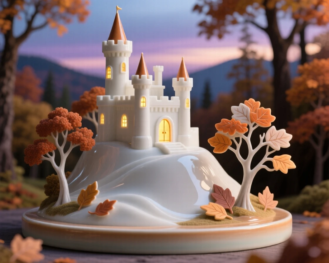 A hilltop castle surrounded by autumn forest, glowing warmly from within at dusk.