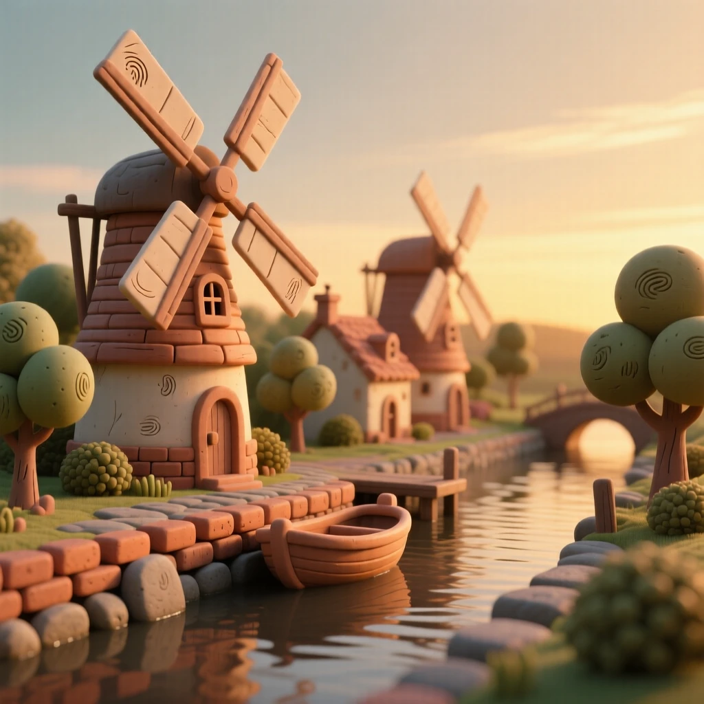 A traditional windmill village beside a canal at golden hour