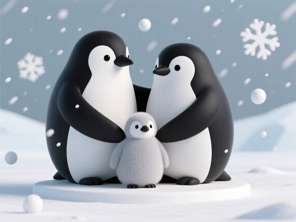 A pair of penguin parents huddle protectively over a fuzzy gray chick amid a blustery Antarctic snowstorm.