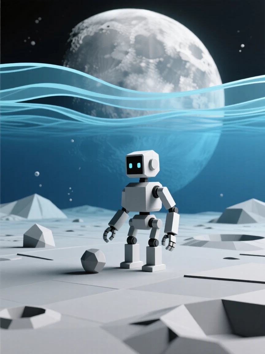 A robot exploring the surface of a distant moon, beneath deep blue underwater currents. the scale of the scene emphasizes its vastness and wonder. A sense of quiet wonder fills the cosmos.