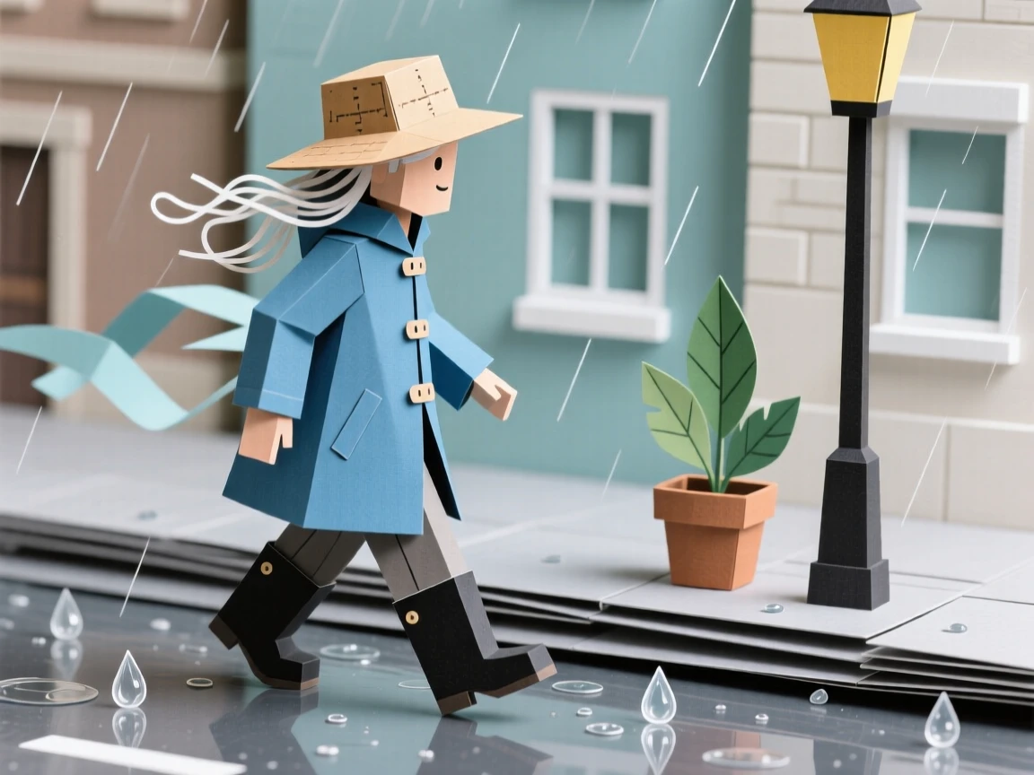 A dedicated gardener strolling along a rain-soaked city street, with a light breeze catching loose hair and fabric, capturing carefree, memorable joy.