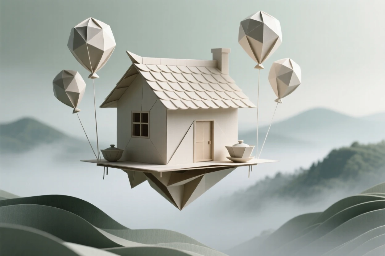 A floating tea house suspended by balloons drifting above a misty valley.