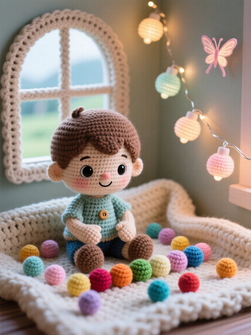 a small boy sorting his marble collection, with marbles spread across a blanket, is shown lining up his favorite colors in a row within a cozy reading nook tucked beside a window beside a string of soft fairy lights along the wall, capturing tender, unspoken affection.