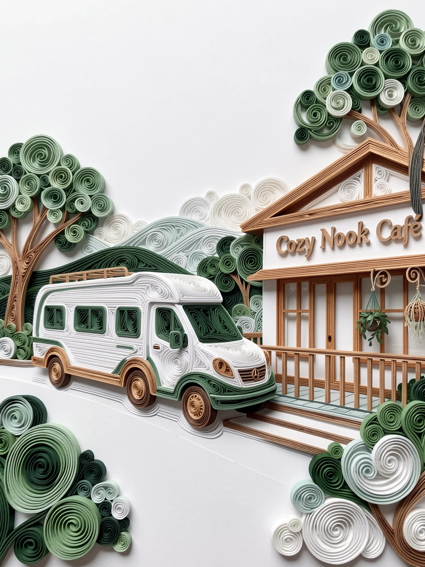 A relaxed modern lifestyle scene of a camper van parked beside a scenic overlook in a cozy neighborhood café, in a fresh palette of white, sage green, and warm wood tones, composed with clean modern lines and open space.
