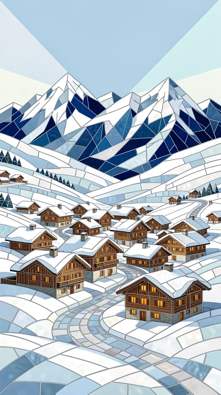 A snow-covered swiss alpine village with wooden chalets, viewed from a dramatic elevated vantage point.
