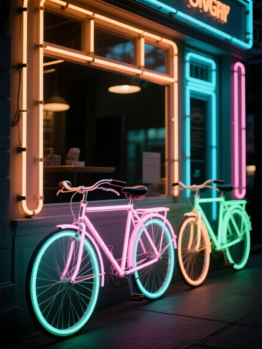 A row of vintage bicycles leaning against a café storefront.