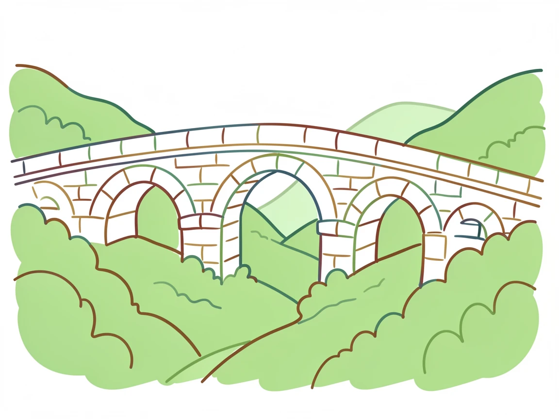 A stone aqueduct arching across a green valley, remnants of an ancient civilization.