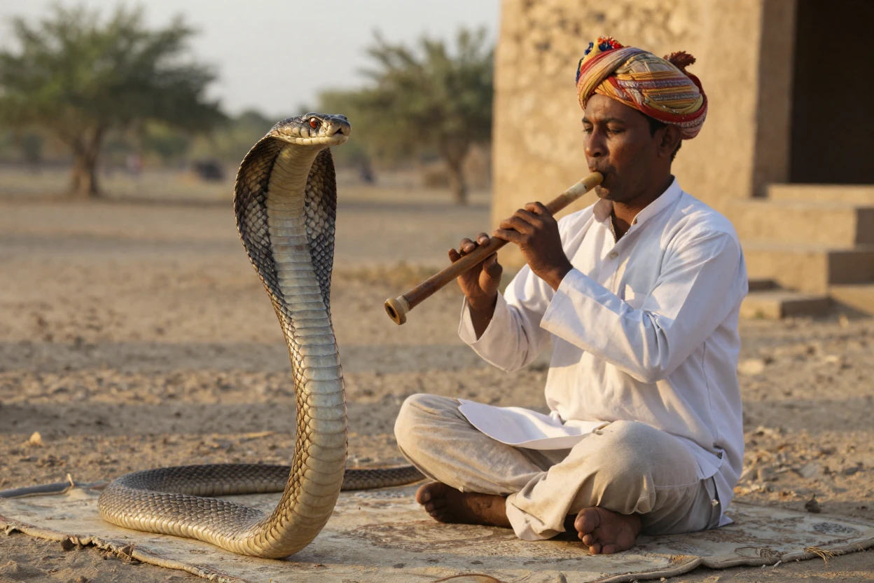 A snake charmer playing a flute before a swaying cobra