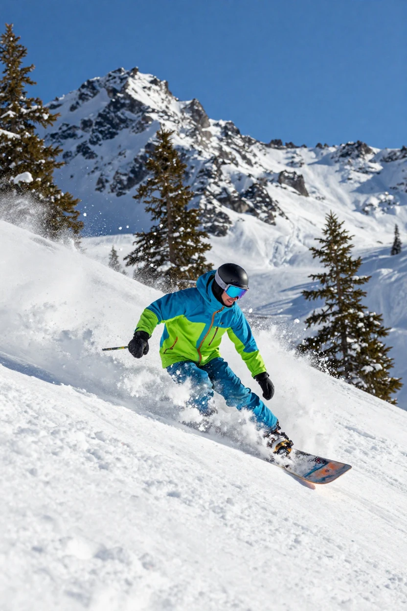 A snowboarder carves a spray of powder down a steep mountain slope.