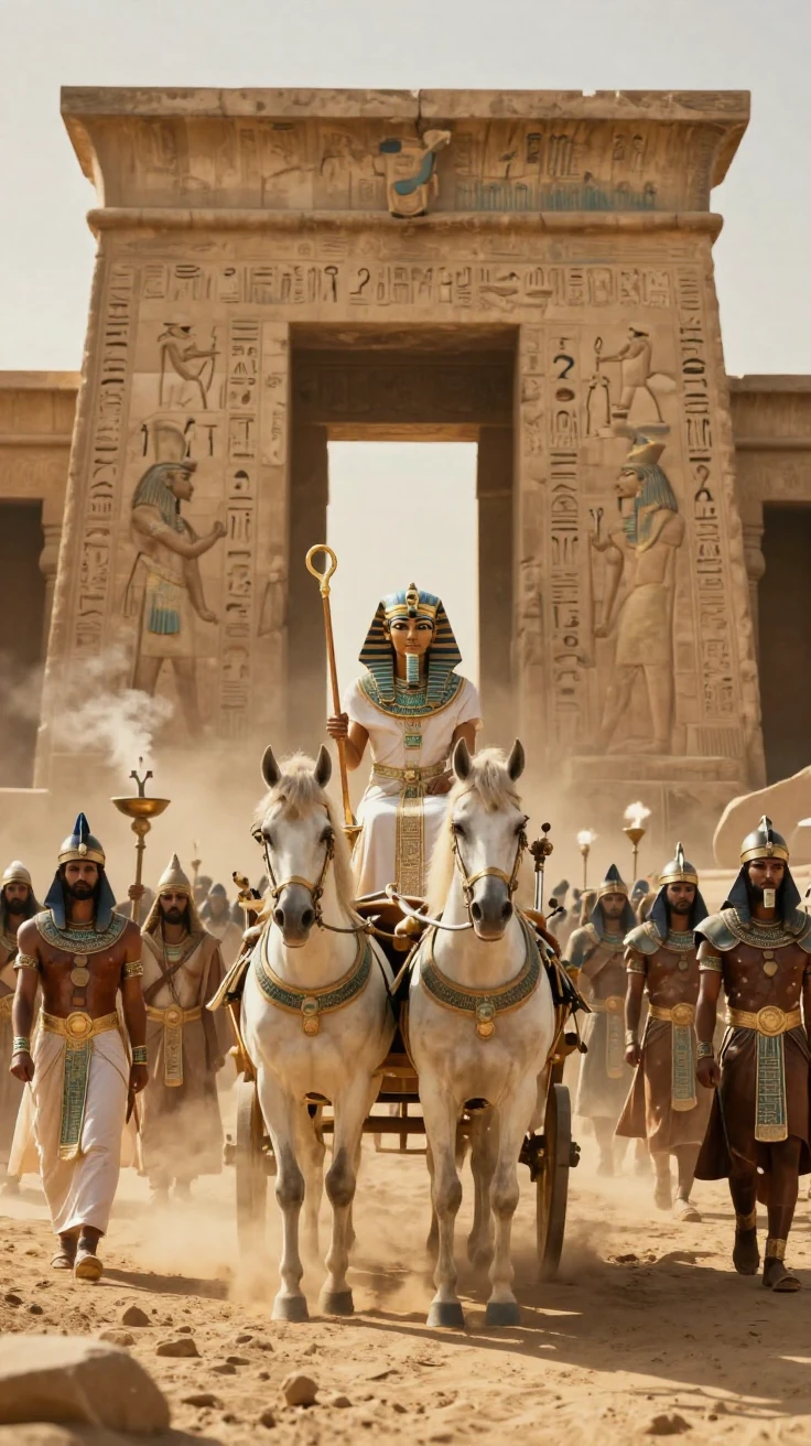 An Egyptian pharaoh's procession moving toward a towering temple entrance