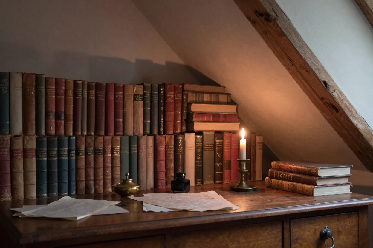 A cozy attic study lined with worn leather-bound books, under flickering candlelight, in still, windless air, in late autumn, in soft muted pastels, viewed from across the room.