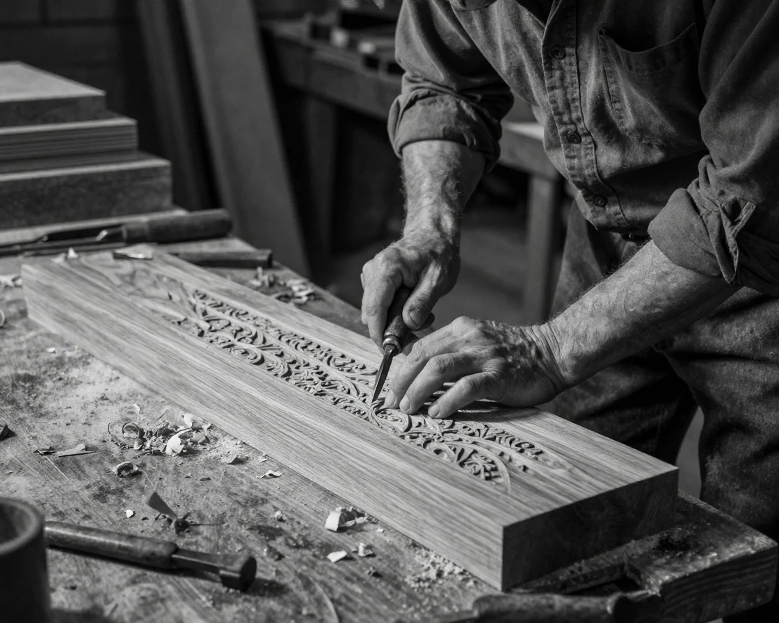 A woodworker carves an intricate pattern into oak at a wooden workbench.