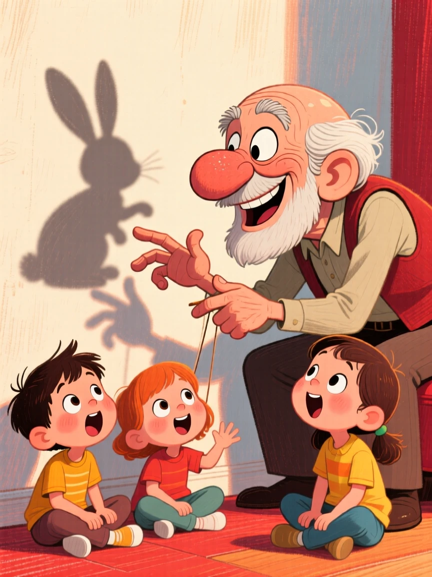 A puppetry-loving grandfather entertaining grandchildren with hand shadows on the wall.