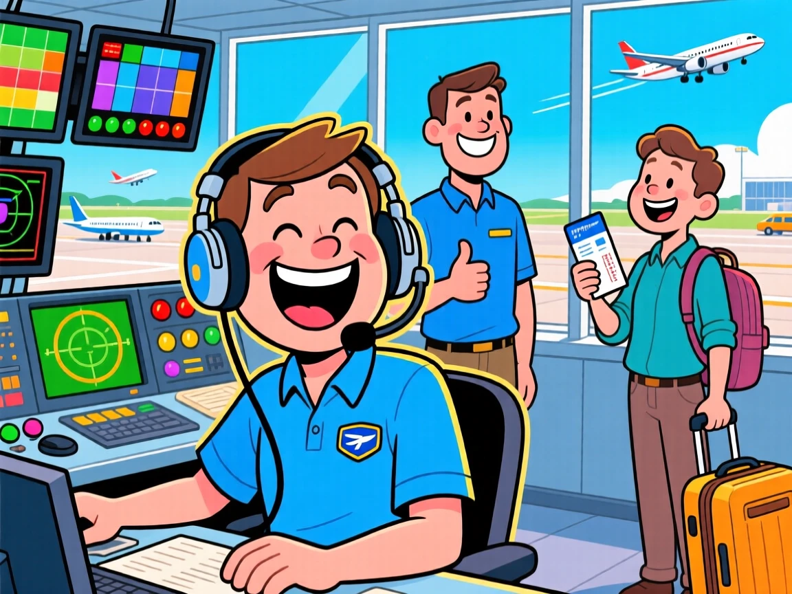 A vibrant profession-themed portrait of a busy air traffic controller laughing at a joke from a coworker mid-shift, with a satisfied customer nearby.