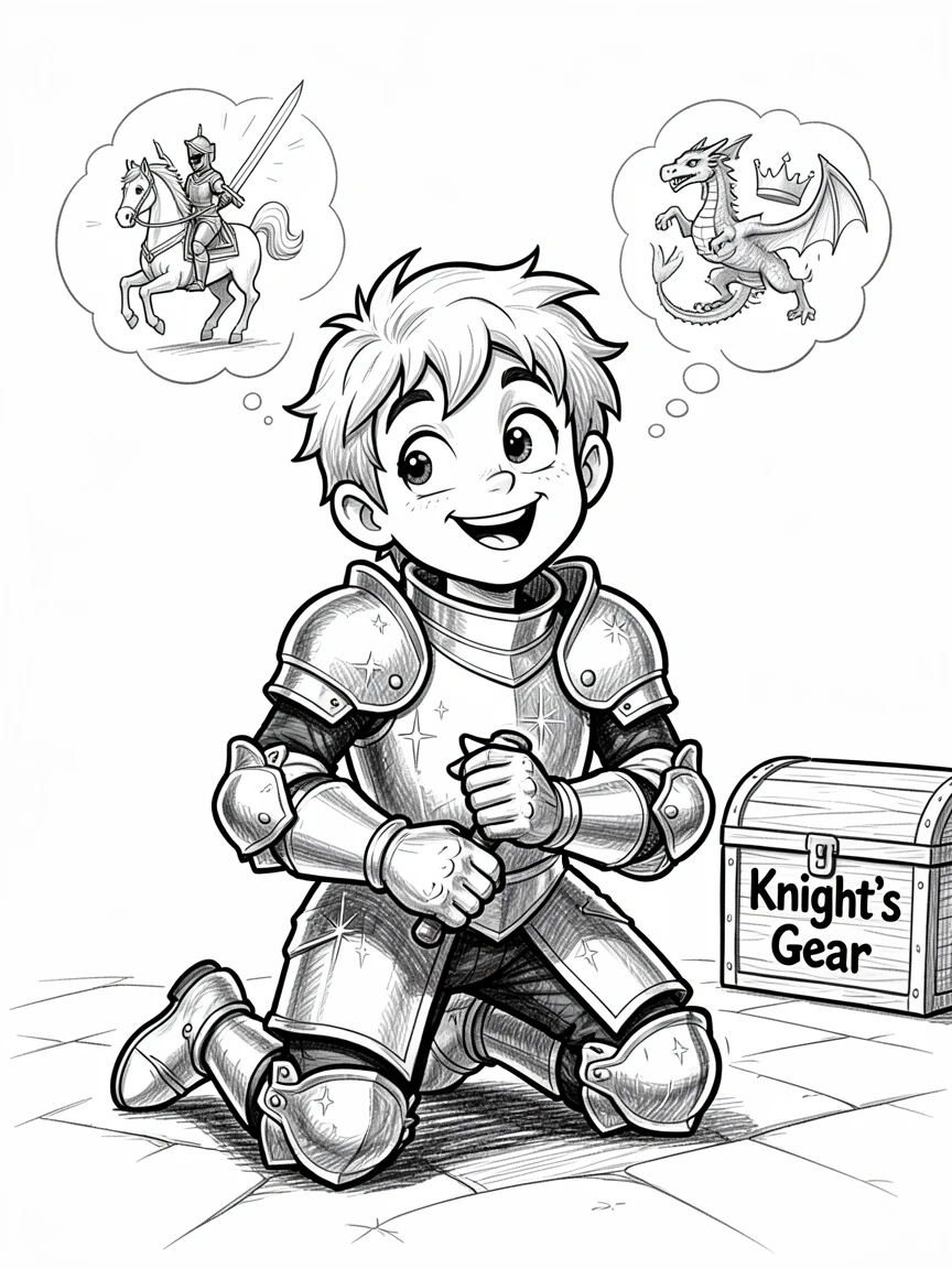 [Fantasy & Imaginative Scenarios] Imaginative fantasy scene of a brave squire polishing armor while dreaming of knighthood, brimming with wonder