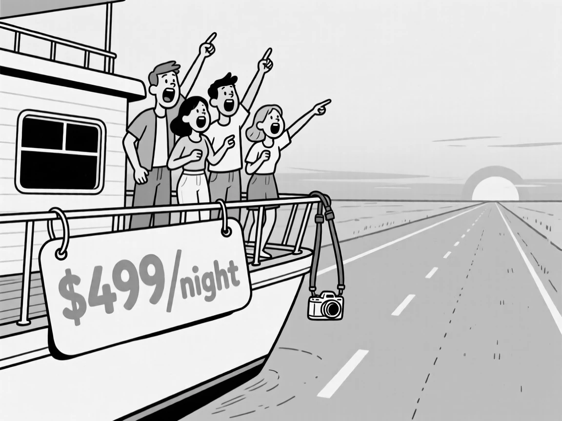 A group cheering atop a rented houseboat, pointing dramatically at a price tag in mock horror, set on a long open highway at sunset. A camera strap dangles dangerously close to the ledge. It radiates wanderlust and the fun of getting a little lost.