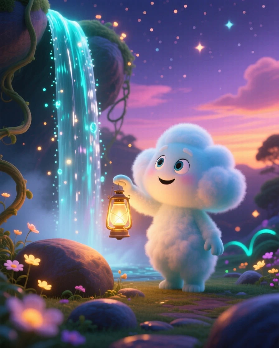 A cloud spirit stands beside a waterfall that flows upward into the sky, lighting a lantern that hovers in the air. The mood is enchanting, hopeful, and dreamlike, with faint music seeming to drift on the breeze.