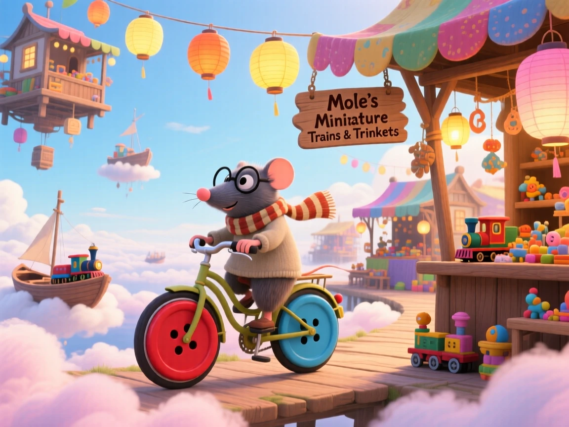 A mole who builds tiny trains is riding a bicycle with mismatched wheels made of buttons in a floating market above the clouds, while little lanterns bob gently in the wind.