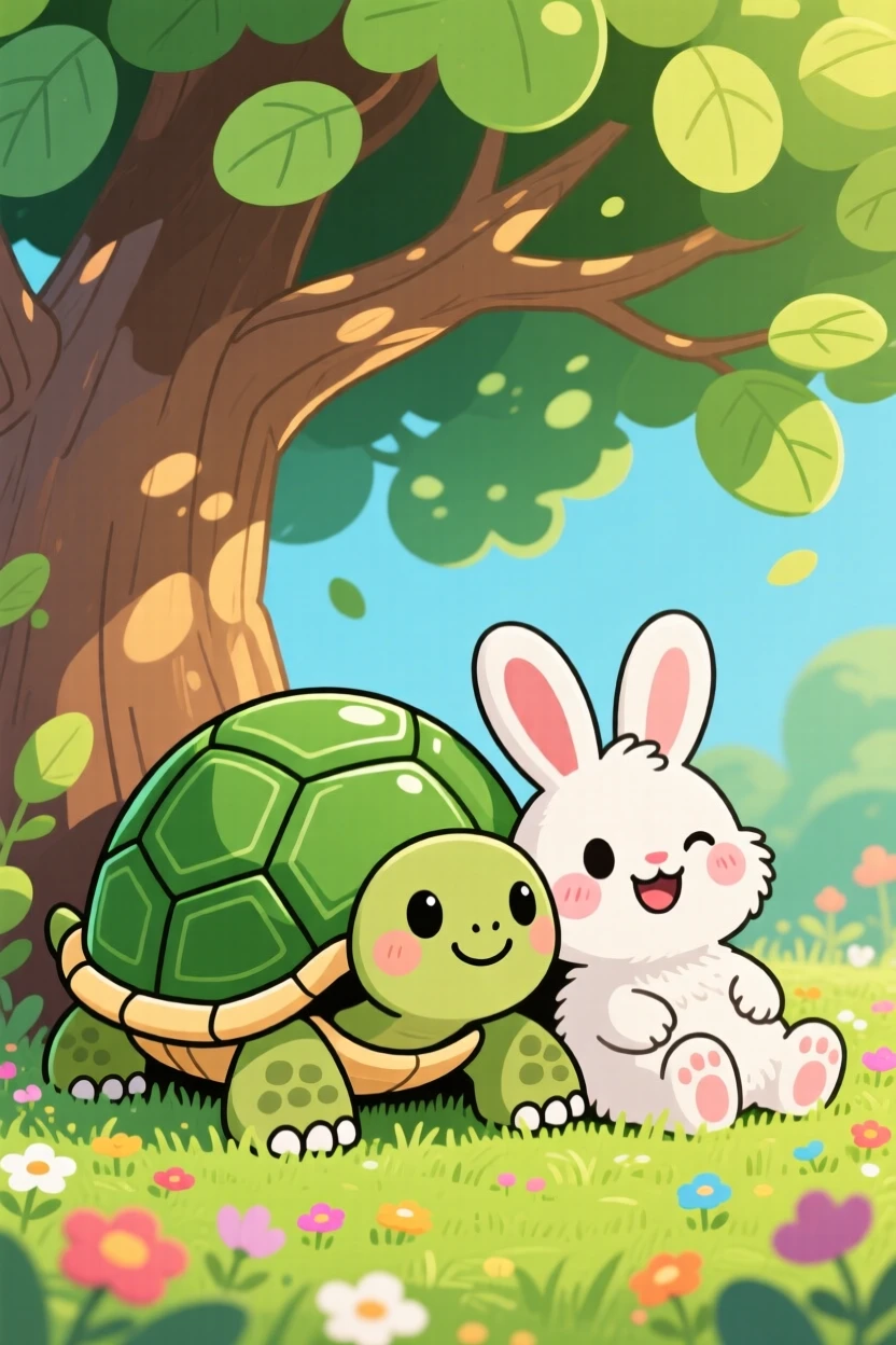A tortoise and a rabbit resting together under a shady tree.