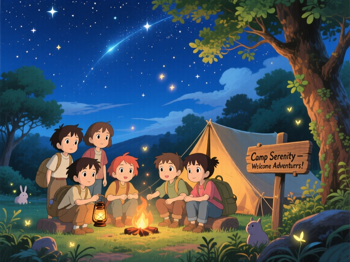 A group of friends setting up camp beneath a starry sky, the moment adventurous and hopeful.