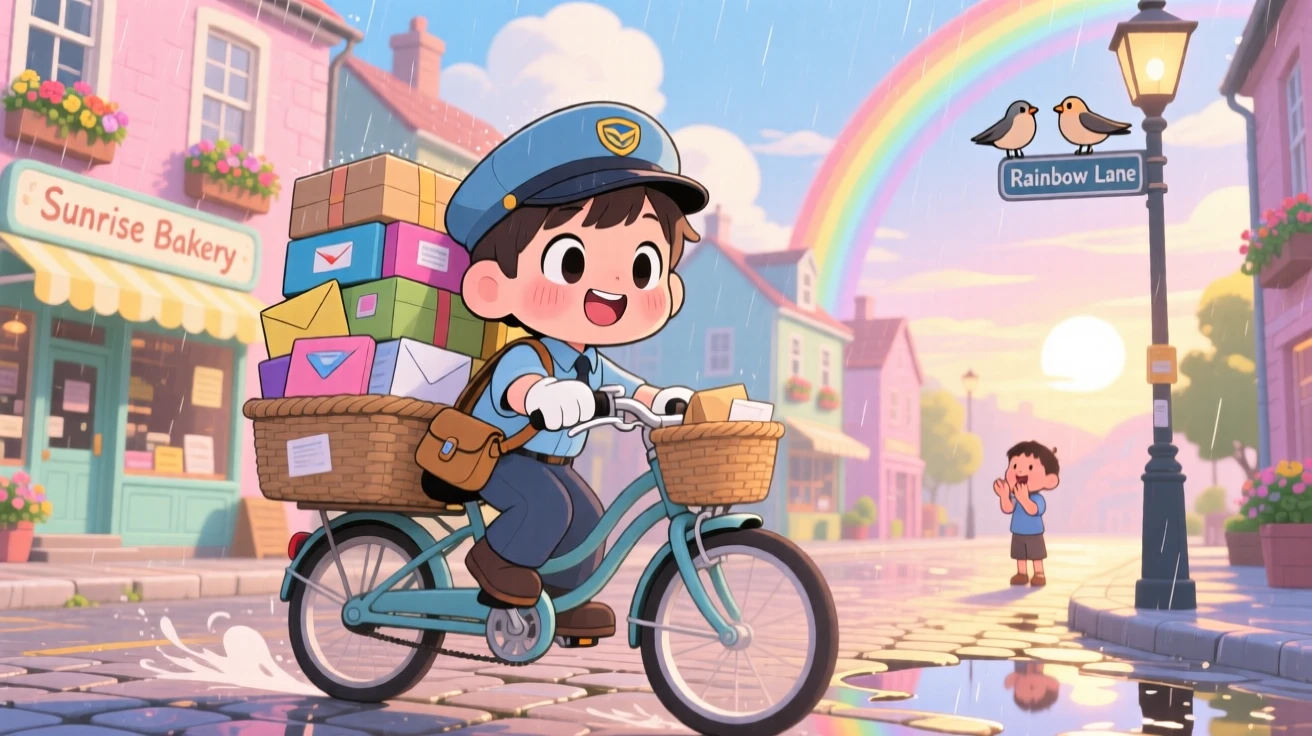 Dynamic diagonal composition: a little postal carrier, delivering a stack of letters by bicycle, set against a cheerful small town street under a rainbow after the rain, with soft pastel light of dawn and a mood of giggling amusement.